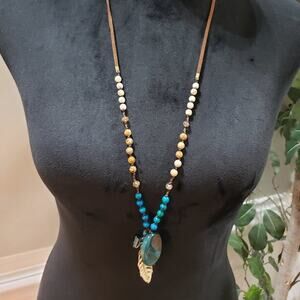 Women Natural Amazonite Turquoise Stone Pendant Collar Necklace w/ Lobster Clasp